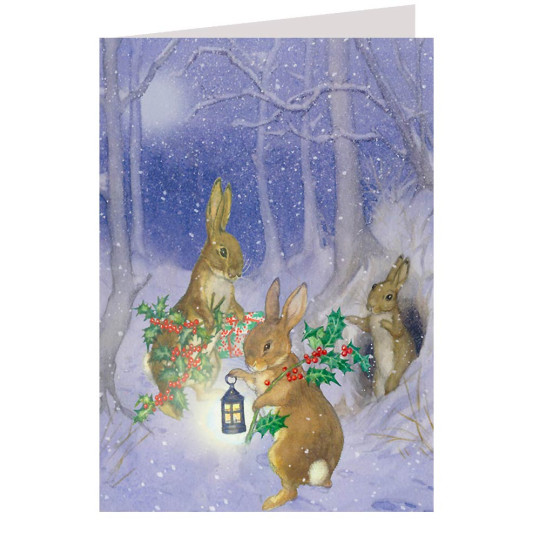 Bunnies Decorating with Holly Christmas Card ~ England
